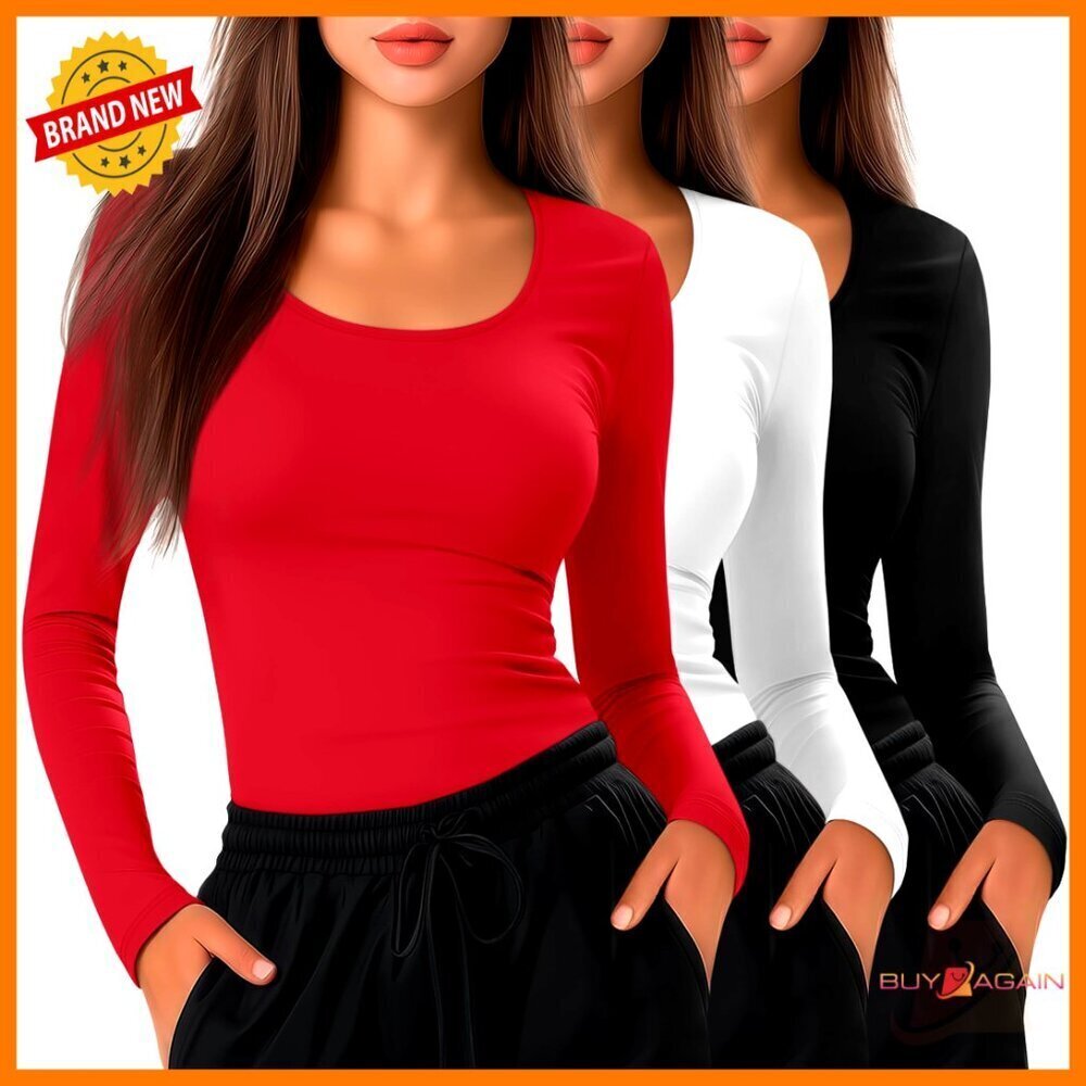 Long Sleeve Scoop Neck Undershirt Stretchy Slim Fit Layering Top Classic Minimal